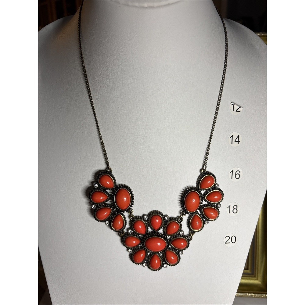 Coral Orange Cabochon Rhinestone Antiqued Gold Tone Statement Bib Necklace